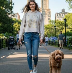 ReUnited-Marled Hoodie with LOVE Square Graphic Super Soft Terry Crop…